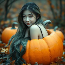 A melancholic Korean girl, elegantly posed and attractive, sitting sideways inside a pumpkin, glancing softly at the camera with a gentle smile