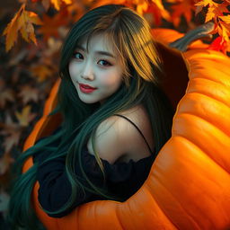 A melancholic Korean girl, elegantly posed and attractive, sitting sideways inside a pumpkin, glancing softly at the camera with a gentle smile