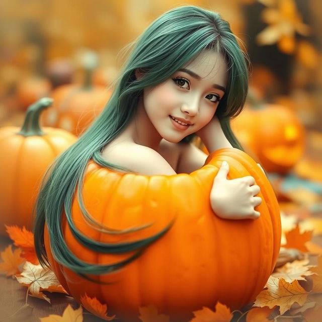 A melancholic Korean girl, elegantly posed and attractive, sitting sideways inside a pumpkin, glancing softly at the camera with a gentle smile