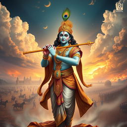 A divine representation of Lord Krishna standing majestically during the Mahabharata era, adorned in traditional attire with intricate gold embellishments and a peacock feather on his crown