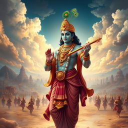A divine representation of Lord Krishna standing majestically during the Mahabharata era, adorned in traditional attire with intricate gold embellishments and a peacock feather on his crown