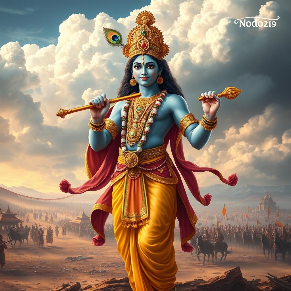 A divine representation of Lord Krishna standing majestically during the Mahabharata era, adorned in traditional attire with intricate gold embellishments and a peacock feather on his crown