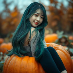 A melancholic Korean girl, elegantly posed and captivating, sitting sideways in a pumpkin, glancing at the camera with a gentle smile