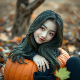 A melancholic Korean girl, elegantly posed and captivating, sitting sideways in a pumpkin, glancing at the camera with a gentle smile