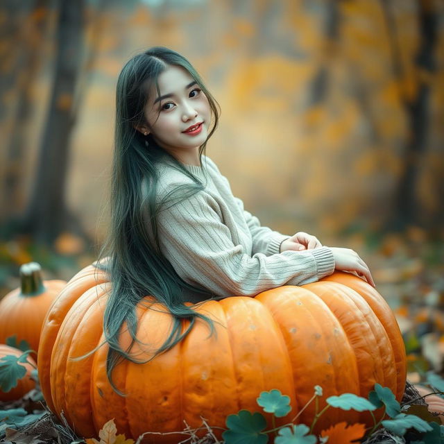 A melancholic Korean girl, elegantly posed and captivating, sitting sideways in a pumpkin, glancing at the camera with a gentle smile