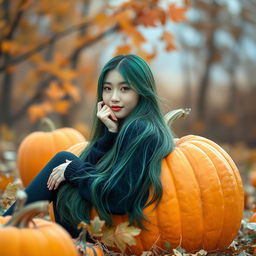 A melancholic Korean girl, elegantly posed and captivating, sitting sideways in a pumpkin, glancing at the camera with a gentle smile