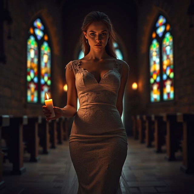 A beautiful young bride walking toward the viewer, holding a softly glowing candle that lights her path in a dark, atmospheric church