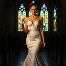 A beautiful young bride walking toward the viewer, holding a softly glowing candle that lights her path in a dark, atmospheric church