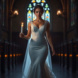 A beautiful young bride walking toward the viewer, holding a softly glowing candle that lights her path in a dark, atmospheric church