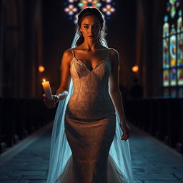 A beautiful young bride walking toward the viewer, holding a softly glowing candle that lights her path in a dark, atmospheric church