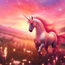 Glowing, majestic unicorn frolicking in a dreamy field under a pink sunset, strewn with sparkling fireflies and gentle, pastel-hued wildflowers