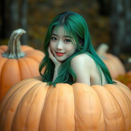 A melancholic Korean girl with an elegant and attractive pose, sitting sideways inside a large pumpkin