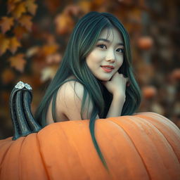 A melancholic Korean girl with an elegant and attractive pose, sitting sideways inside a large pumpkin