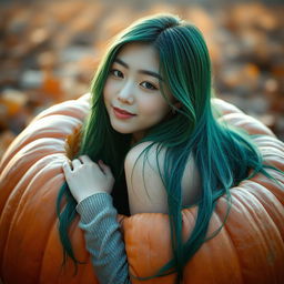 A melancholic Korean girl with an elegant and attractive pose, sitting sideways inside a large pumpkin