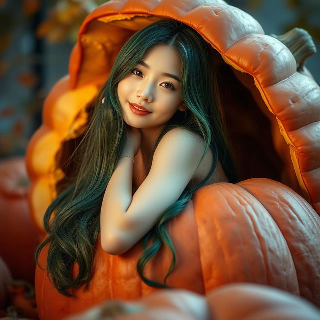 A melancholic Korean girl with an elegant and attractive pose, sitting sideways inside a large pumpkin