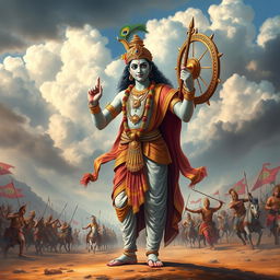 A majestic portrayal of Lord Krishna standing in the Mahabharata era, holding the Sudarshana Chakra in one hand while displaying a confident and divine posture