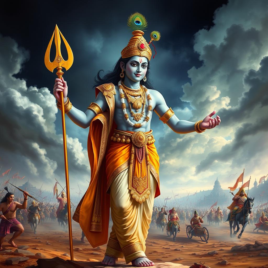 A majestic portrayal of Lord Krishna standing in the Mahabharata era, holding the Sudarshana Chakra in one hand while displaying a confident and divine posture