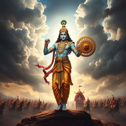 A majestic portrayal of Lord Krishna standing in the Mahabharata era, holding the Sudarshana Chakra in one hand while displaying a confident and divine posture