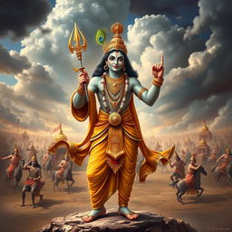 A majestic portrayal of Lord Krishna standing in the Mahabharata era, holding the Sudarshana Chakra in one hand while displaying a confident and divine posture