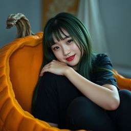 A melancholic Korean girl posing gracefully in a black t-shirt, sitting sideways inside a pumpkin