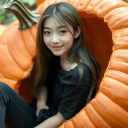 A melancholic Korean girl posing gracefully in a black t-shirt, sitting sideways inside a pumpkin