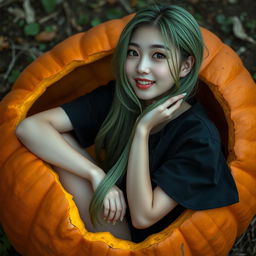 A melancholic Korean girl posing gracefully in a black t-shirt, sitting sideways inside a pumpkin