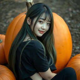 A melancholic Korean girl posing gracefully in a black t-shirt, sitting sideways inside a pumpkin