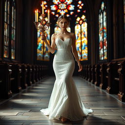 A beautiful young bride walking toward the viewer, elegantly holding a candelabra that illuminates her path in a dark, atmospheric church