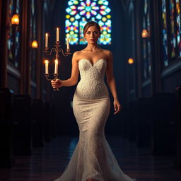 A beautiful young bride walking toward the viewer, elegantly holding a candelabra that illuminates her path in a dark, atmospheric church