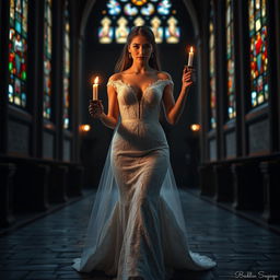 A beautiful young bride walking toward the viewer, elegantly holding a candelabra that illuminates her path in a dark, atmospheric church
