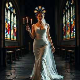 A beautiful young bride walking toward the viewer, elegantly holding a candelabra that illuminates her path in a dark, atmospheric church