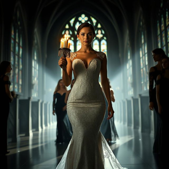 A beautiful young bride walking toward the viewer, elegantly holding a candelabra that casts a warm glow in a dark, atmospheric church adorned with stunning stained glass windows