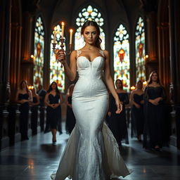 A beautiful young bride walking toward the viewer, elegantly holding a candelabra that casts a warm glow in a dark, atmospheric church adorned with stunning stained glass windows
