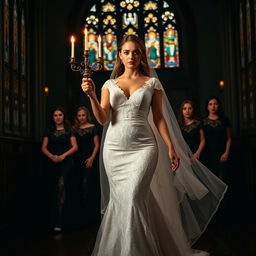 A beautiful young bride walking toward the viewer, elegantly holding a candelabra that casts a warm glow in a dark, atmospheric church adorned with stunning stained glass windows