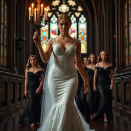 A beautiful young bride walking toward the viewer, elegantly holding a candelabra that casts a warm glow in a dark, atmospheric church adorned with stunning stained glass windows