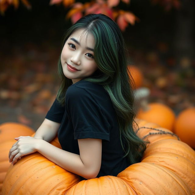 A melancholic Korean girl, elegantly attractive, sitting sideways in a large pumpkin while wearing a black t-shirt