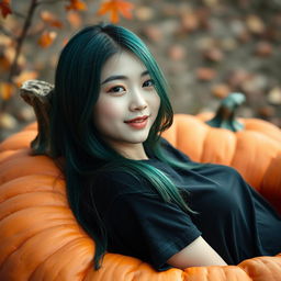 A melancholic Korean girl, elegantly attractive, sitting sideways in a large pumpkin while wearing a black t-shirt