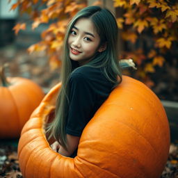 A melancholic Korean girl, elegantly attractive, sitting sideways in a large pumpkin while wearing a black t-shirt