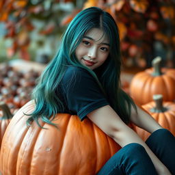 A melancholic Korean girl, elegantly attractive, sitting sideways in a large pumpkin while wearing a black t-shirt