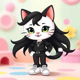 A cute anthropomorphic cat character inspired by Hello Kitty, wearing a stylish black shirt, long flowing black hair, trendy black pants, and fashionable white shoes