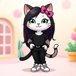 A cute anthropomorphic cat character inspired by Hello Kitty, wearing a stylish black shirt, long flowing black hair, trendy black pants, and fashionable white shoes