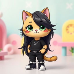 A cute anthropomorphic cat character inspired by Hello Kitty, wearing a stylish black shirt, long flowing black hair, trendy black pants, and fashionable white shoes