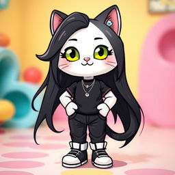 A cute anthropomorphic cat character inspired by Hello Kitty, wearing a stylish black shirt, long flowing black hair, trendy black pants, and fashionable white shoes