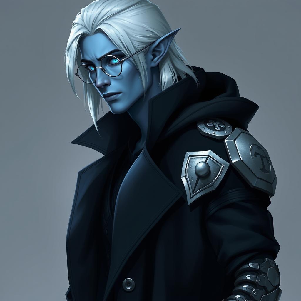 A tall, 26-year-old Drow named Jayce Kovacs, with medium-length, snow-white hair and glowing blue irises contrasting against his neutral blue skin