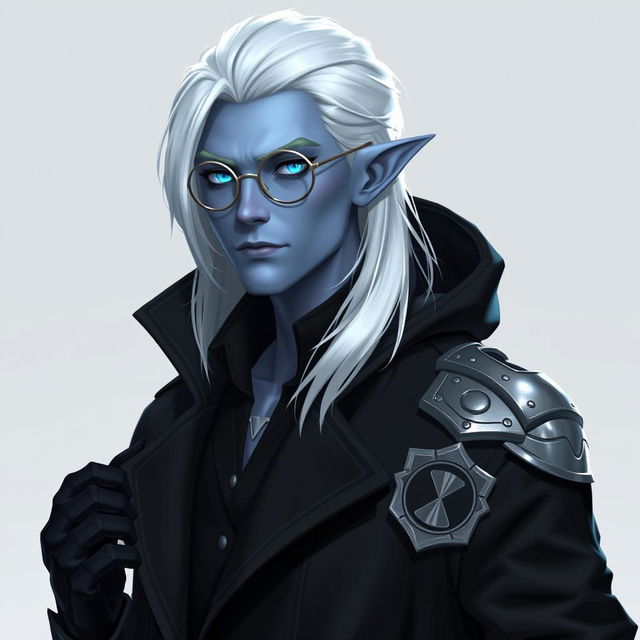 A tall, 26-year-old Drow named Jayce Kovacs, with medium-length, snow-white hair and glowing blue irises contrasting against his neutral blue skin