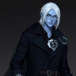 A tall, 26-year-old Drow named Jayce Kovacs, with medium-length, snow-white hair and glowing blue irises contrasting against his neutral blue skin
