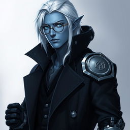 A tall, 26-year-old Drow named Jayce Kovacs, with medium-length, snow-white hair and glowing blue irises contrasting against his neutral blue skin