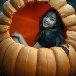 A melancholic Korean girl posing elegantly in a black t-shirt, sitting sideways inside a large pumpkin, giving a soft smile while glancing at the camera