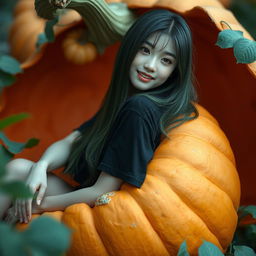 A melancholic Korean girl posing elegantly in a black t-shirt, sitting sideways inside a large pumpkin, giving a soft smile while glancing at the camera