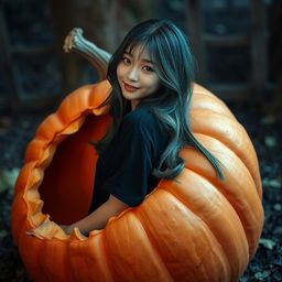 A melancholic Korean girl posing elegantly in a black t-shirt, sitting sideways inside a large pumpkin, giving a soft smile while glancing at the camera